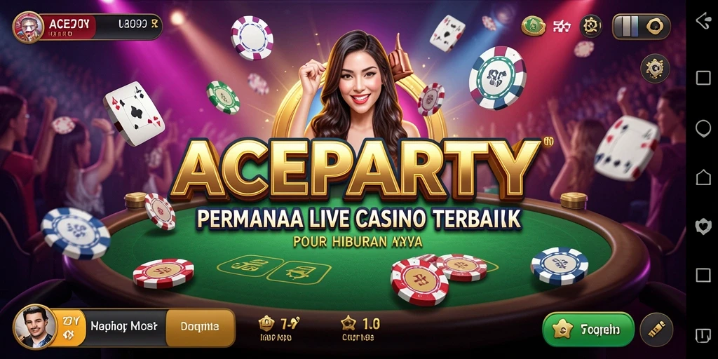 Screenshot ACEPARTY menunjukkan dealer live dan pemain berinteraksi dalam suasana kasino.