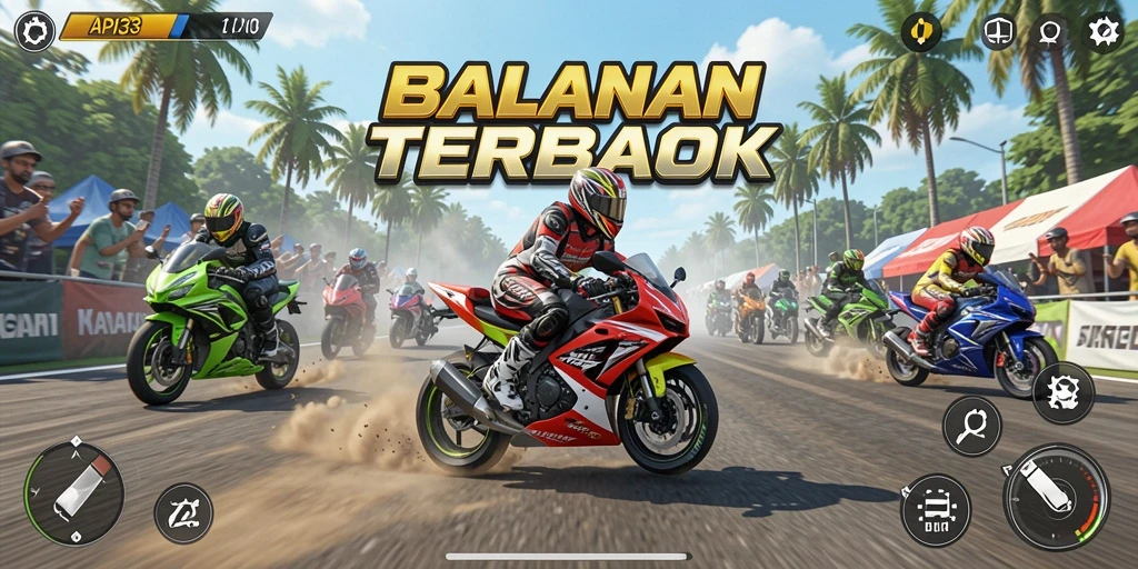 Screenshot gameplay API33 menampilkan aksi balapan motor yang mendebarkan.