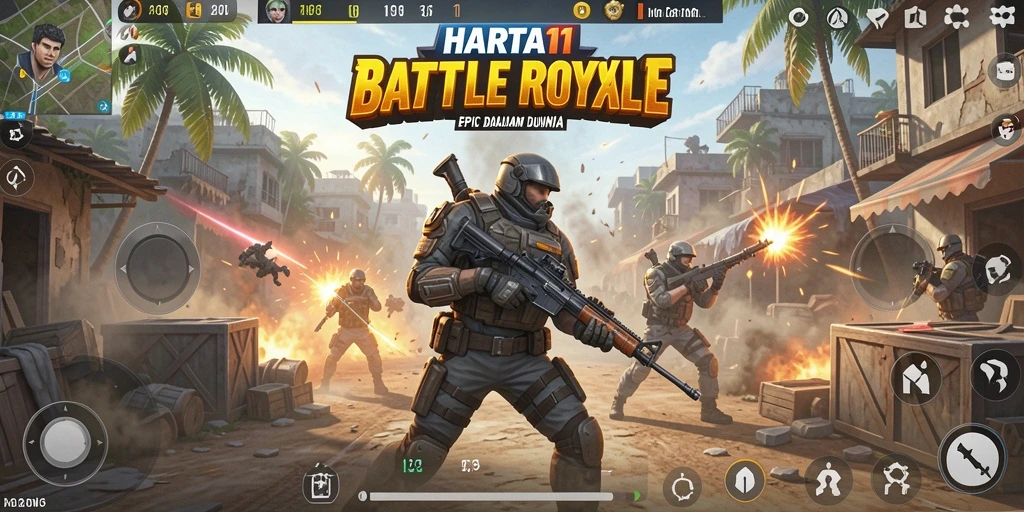 Tampilan gameplay HARTA11 yang intens dan mendebarkan di arena Battle Royale.