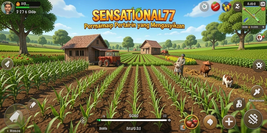 Tampilan gameplay <strong>SENSATIONAL77</strong> yang menampilkan ladang yang subur dan penuh warna.