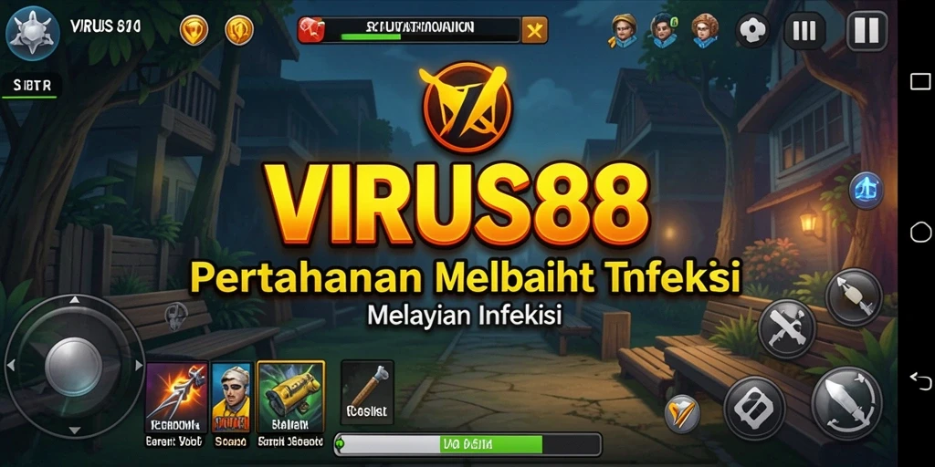Screenshot gameplay menunjukkan aksi menara pertahanan melawan virus.